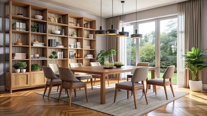Fototapeta premium Elegant space defined by a stunning wooden table and chairs, set against a backdrop of open shelves and