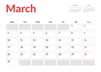 Monthly page Calendar Planner Template of March 2025. Vector layout of calendar with week start Monday for Scheduling. Page for size A4 or 21x29.7 cm
