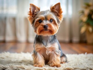 a photo image of a small, playful, brown-coated Yorkshire Terrier with a short, smooth hairdo, sitting on a rug