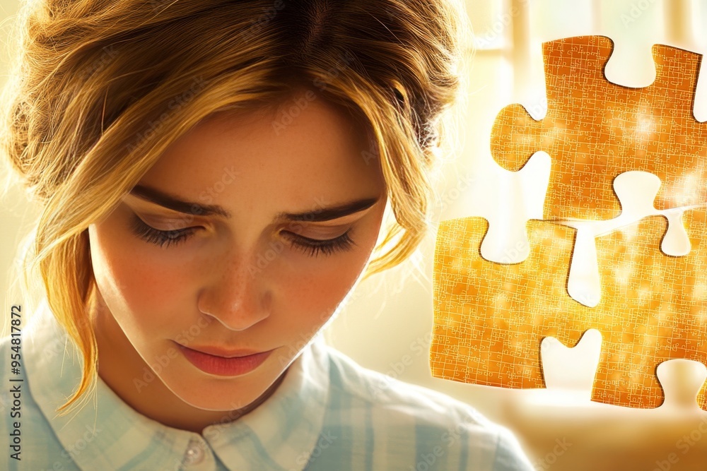 Poster psychophysiology thought processes profile of a young woman with a puzzle brain overlay symbolizing 