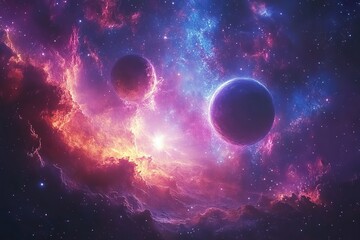 Naklejka premium Vibrant Cosmic Landscape Featuring Multiple Planets