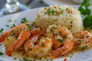 A serving of garlic butter shrimp, cooked to perfection and garnished with fresh parsley, served with a side of rice