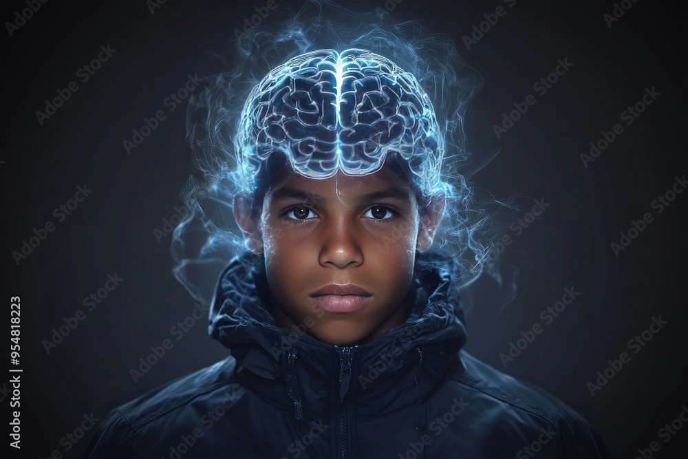 Poster cbt impulse control portrait of a young man with a glowing neural network around his head symbolizin