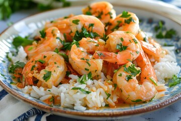 A serving of garlic butter shrimp, cooked to perfection and garnished with fresh parsley, served with a side of rice