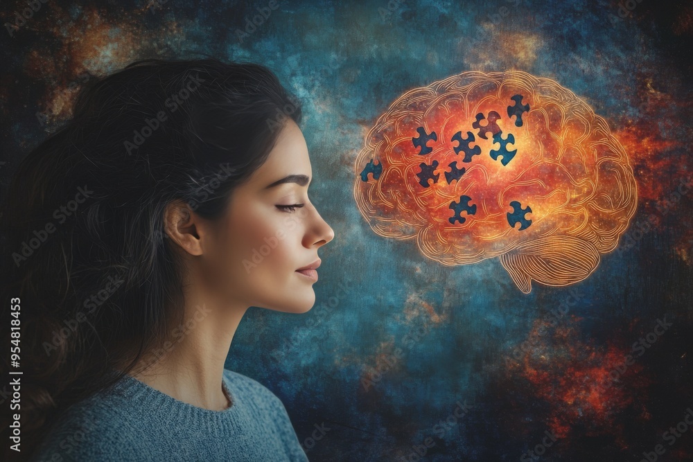 Poster anxiety disorder impulse control side profile of a woman with a glowing brain puzzle symbolizing the