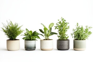 Obraz premium Lineup of five potted plants in modern ceramic pots on white background