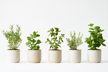 Fototapeta premium Lineup of five potted plants in modern ceramic pots on white background