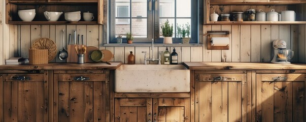 Rustic kitchen with wooden cabinets and farmhouse sink, 4K hyperrealistic photo