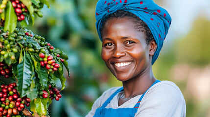 Smiling African woman in blue uniform and headscarf harvesting coffee beans on a plantation, ensuring the selection of the ripest beans for flavorful coffee production.