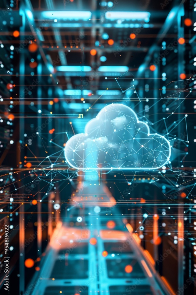 Aufkleber futuristic cloud computing technology data flowing through a server room, conceptual image.