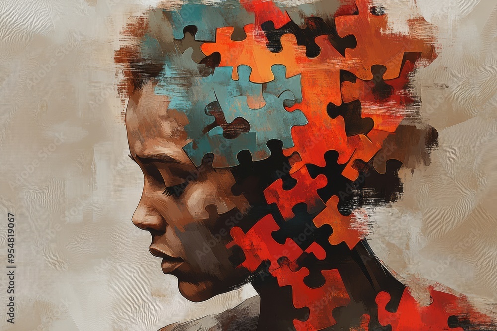 Poster mental health impulse control side profile of a man with puzzle pieces falling from his head symboli