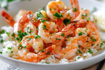 A serving of garlic butter shrimp, cooked to perfection and garnished with fresh parsley, served with a side of rice
