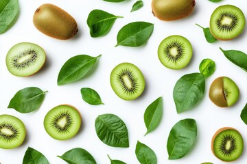 Fototapeta premium Fresh kiwi fruit arrangement with green leaves on a white background