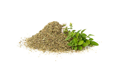 Dry thyme isolated, dried marjoram, oregano pile, ground crushed thyme seasoning, thyme leaves