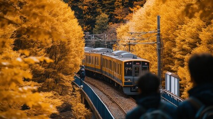 Obraz premium Autumn Train Ride Through the Golden Forest