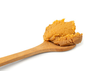 Miso paste isolated. Japanese shiro miso seasoning sauce, fermented soybean spread, brown soy cream
