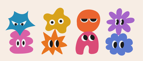Set of abstract basic shape with big eye. Hand drawn trendy flat style. Collection character stickers. Faces with various comic emotions on isolated background