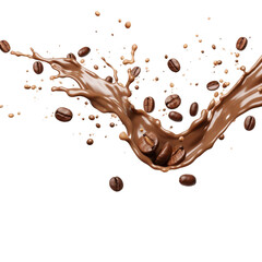 Fototapeta premium Coffee beans and chocolate milk splashing on a white background, ideal for food and beverage backgrounds or advertising campaigns