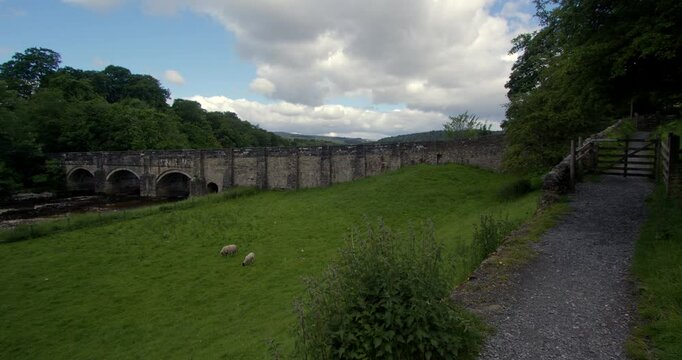 Wide shot of grassington bridge with foot path in the Yorkshire Dales