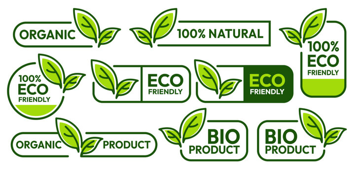 Set of eco friendly icons. Ecologic food stamps. Organic natural food labels.