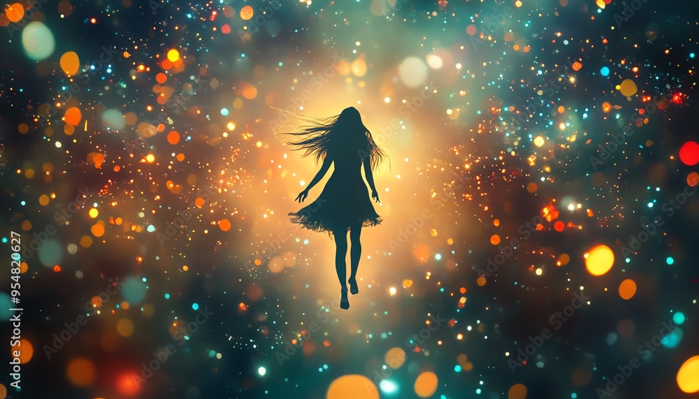 Poster create an ethereal scene of a free spirit floating in a world of bliss and light, with vibrant color