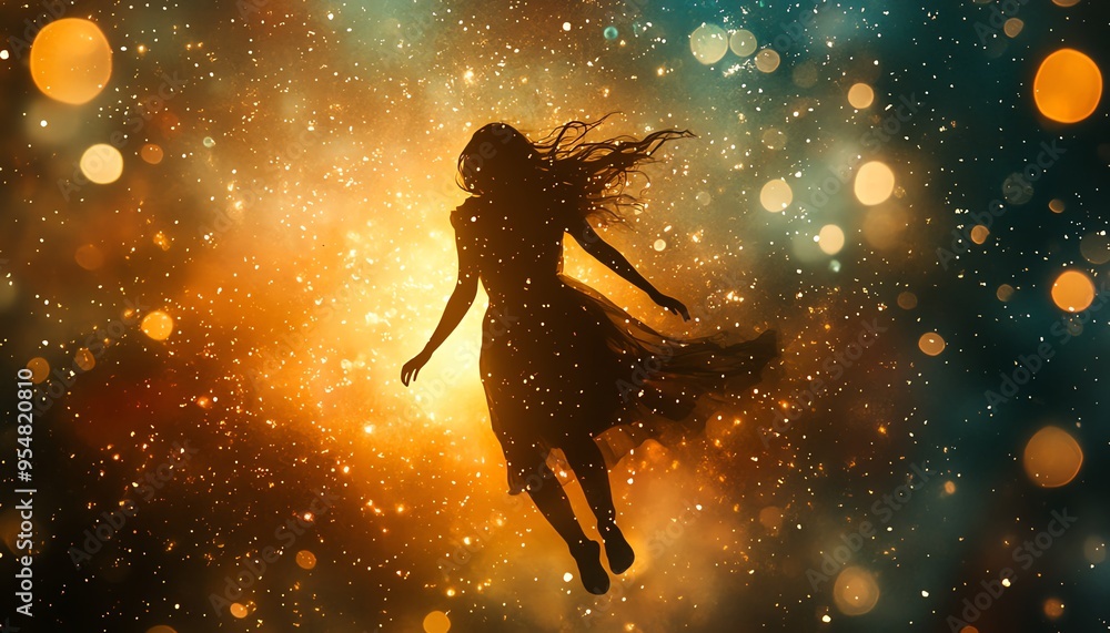 Poster create an ethereal scene of a free spirit floating in a world of bliss and light, with vibrant color