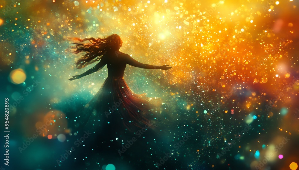 Poster create an ethereal scene of a free spirit floating in a world of bliss and light, with vibrant color