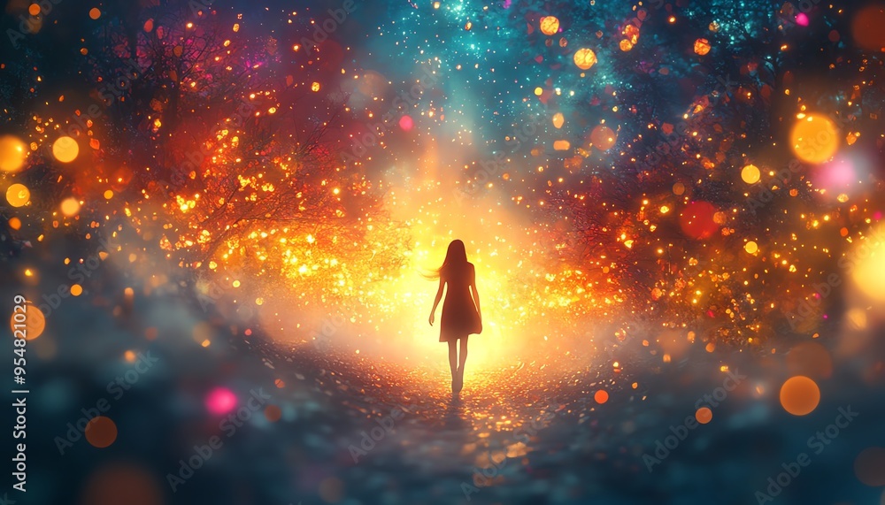 Poster create an ethereal scene of a free spirit floating in a world of bliss and light, with vibrant color