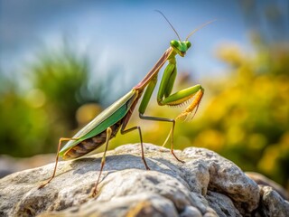photo image of a praying mantis perched delicately on a stark white limestone rock amidst a serene natural habitat
