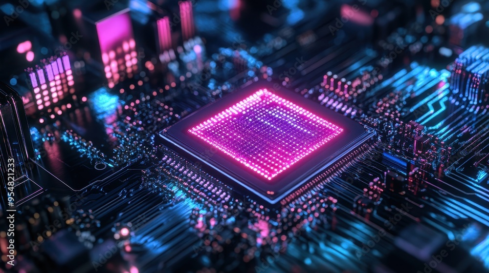 Poster futuristic technology circuit board with glowing processor