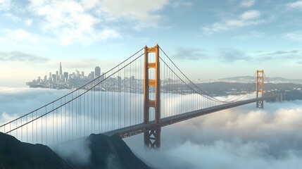 Obraz premium 72. **Render the Golden Gate Bridge during a foggy morning with the city skyline faintly visible in the background.**