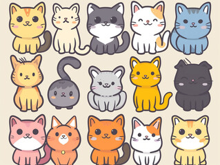 A set of cute cartoon cats, each designed with a kawaii flair, featuring different breeds and vibrant colors. Kawaii
