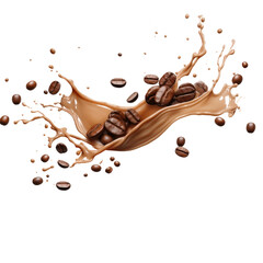 Coffee beans and chocolate milk splashing on a white background, ideal for food and beverage backgrounds or advertising campaigns