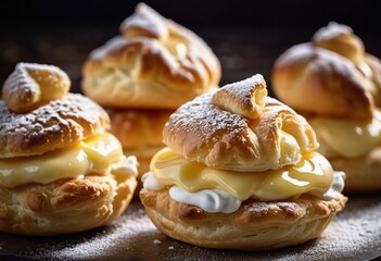 A plate of freshly made cream puff pastries, each topped with powdered sugar and creamy filling, is beautifully arranged in soft evening light, inviting dessert lovers to indulge. Generative AI