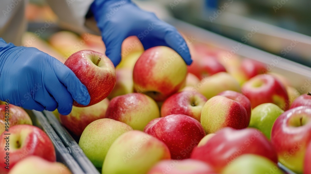 Poster a technologist in a food processing factory, carefully monitoring the selection and production of ap