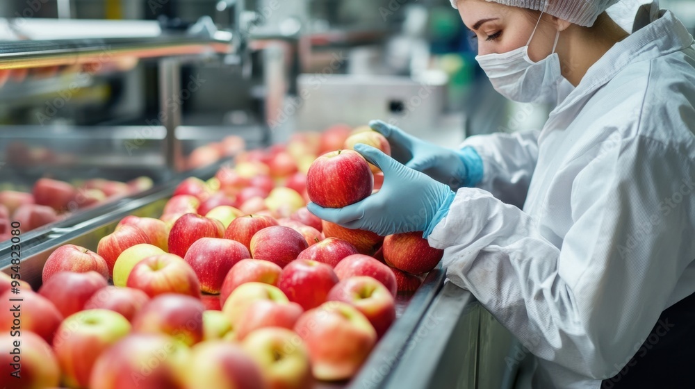 Poster a technologist in a food processing factory, carefully monitoring the selection and production of ap