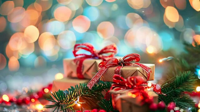 Christmas background with gift boxes, tree branches and a blurred background with bokeh