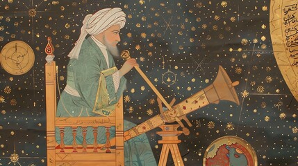 Side view of 11thcentury Islamic astronomer Omar Khayyam grand observatory engaged calculating calendar using intricate astronomical instrument observatory feature detailed star chart celestial globe