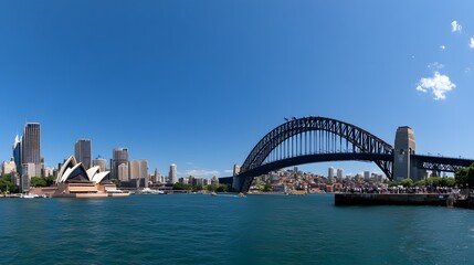Naklejka premium 73. **Visualize the Sydney Harbour Bridge with a bright blue sky and the city is bustling harbor below.**