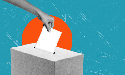 A person casting a ballot into a gray box against a vibrant blue background with a sunburst,...