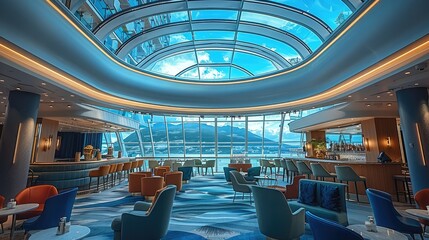 A large glass ceiling illuminates the bar area of an interior view on a cruise ship, featuring blue and green accents in the furniture. Generative AI.
