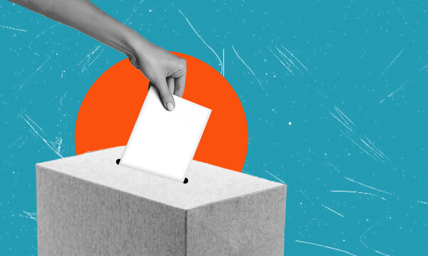 A person casting a ballot into a gray box against a vibrant blue background with a sunburst, symbolizing civic engagement and democracy