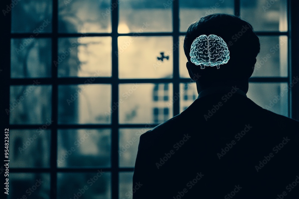Poster brainwave pattern impulse control silhouette of a man in front of a glowing brain image symbolizing 