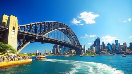 73. **Visualize the Sydney Harbour Bridge with a bright blue sky and the city is bustling harbor below.**
