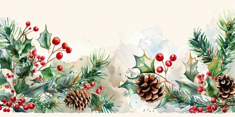 Christmas Watercolor. Holiday Arrangement with Spruce and Pine Cones