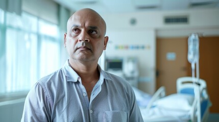 A man with a bald head is standing in a hospital room