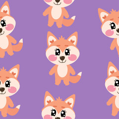 Seamless pattern with vector kawaii cute fox full length with hearts on purple background