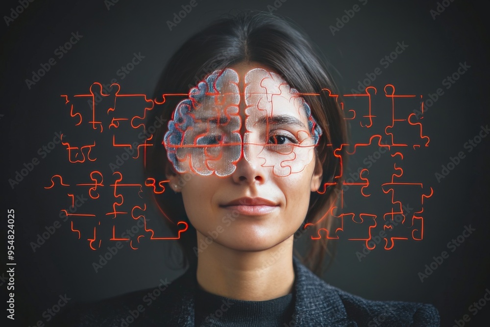 Poster brain chemistry impulse control portrait of a woman with a digital brain overlay symbolizing the int