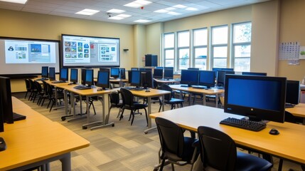 Modern Classroom with Computers and Desks