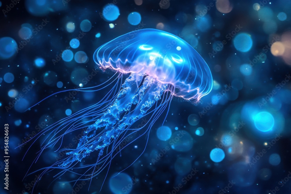 Poster glowing blue jellyfish floating in the deep ocean with soft bubbles of light